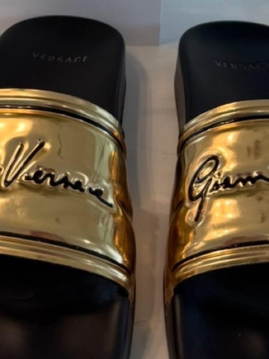 Versace Shoes - Versace Black & Gold Slide Sandals with Gianni Versace Signature